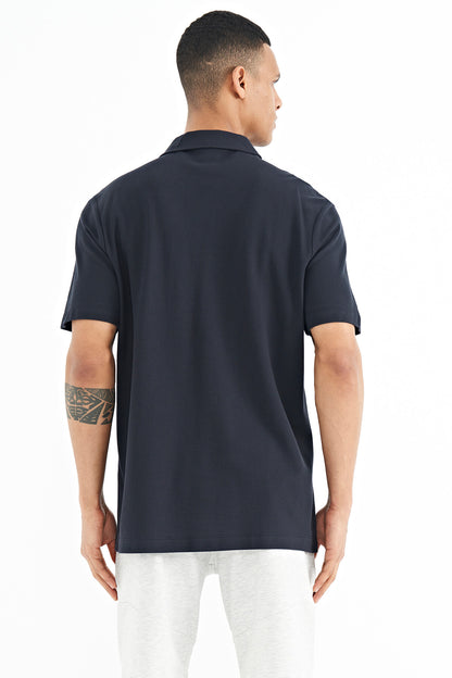 Navy Blue Pocket Detailed Printed Standard Fit Polo Collar Men's T-Shirt - 88241