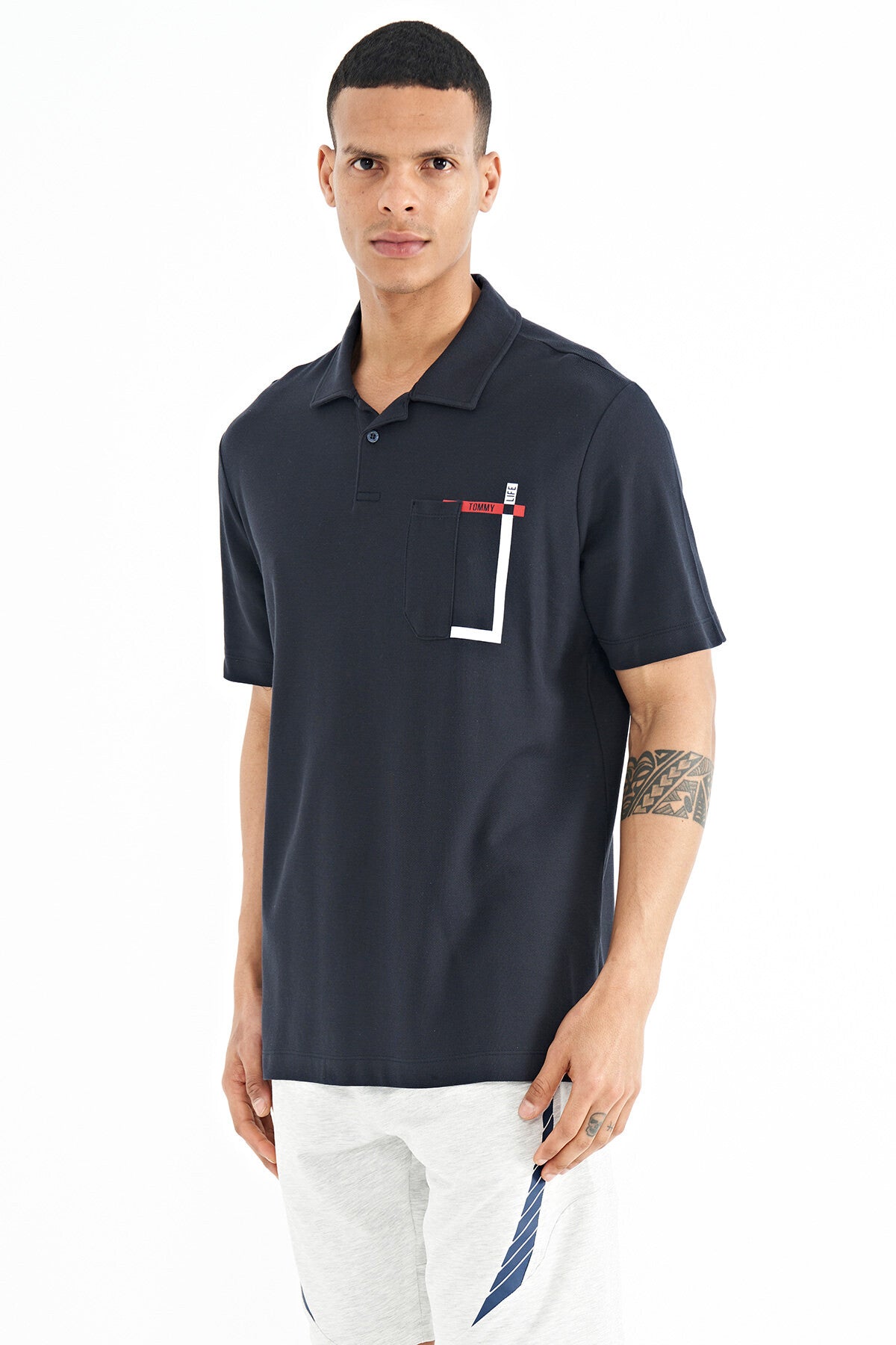 Navy Blue Pocket Detailed Printed Standard Fit Polo Collar Men's T-Shirt - 88241