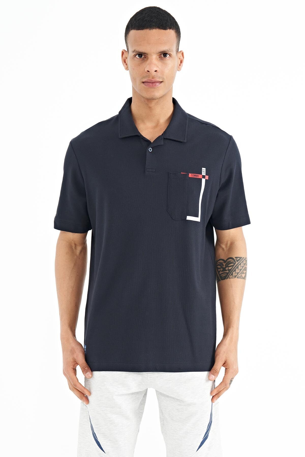 Navy Blue Pocket Detailed Printed Standard Fit Polo Collar Men's T-Shirt - 88241