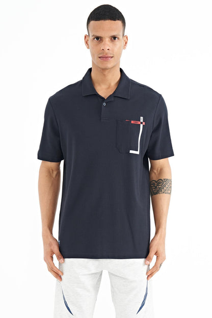Navy Blue Pocket Detailed Printed Standard Fit Polo Collar Men's T-Shirt - 88241