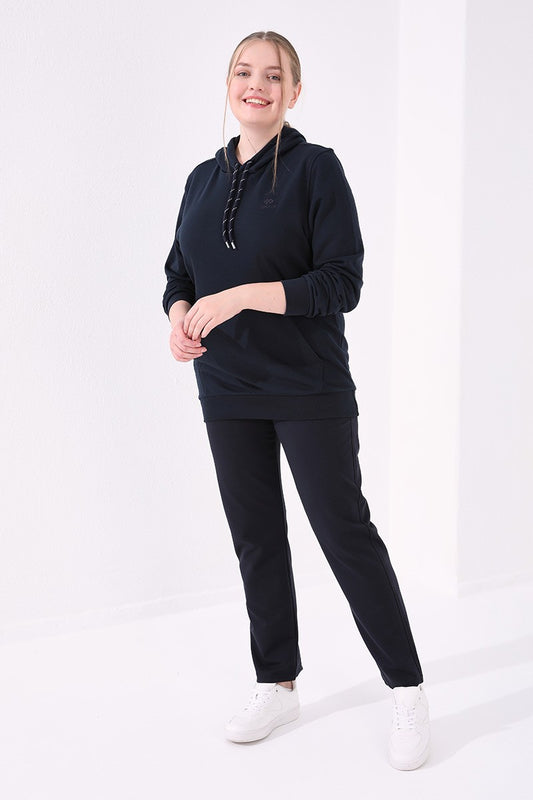 Navy Blue Cuffed Comfort Fit Classic Hem Women's Plus Size Tracksuit Bottom - 94014