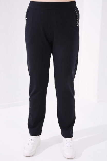 Navy Blue Cuffed Comfort Fit Classic Hem Women's Plus Size Tracksuit Bottom - 94014