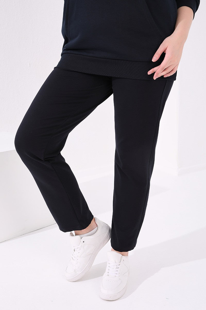 Navy Blue Cuffed Comfort Fit Classic Hem Women's Plus Size Tracksuit Bottom - 94017