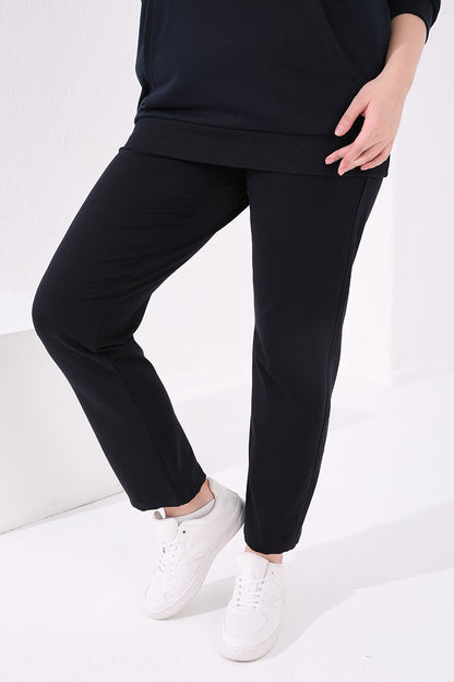 Navy Blue Cuffed Comfort Fit Classic Hem Women's Plus Size Tracksuit Bottom - 94017