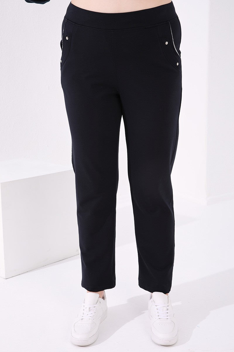 Navy Blue Cuffed Comfort Fit Classic Hem Women's Plus Size Tracksuit Bottom - 94017