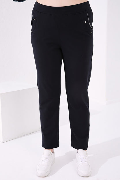 Navy Blue Cuffed Comfort Fit Classic Hem Women's Plus Size Tracksuit Bottom - 94017