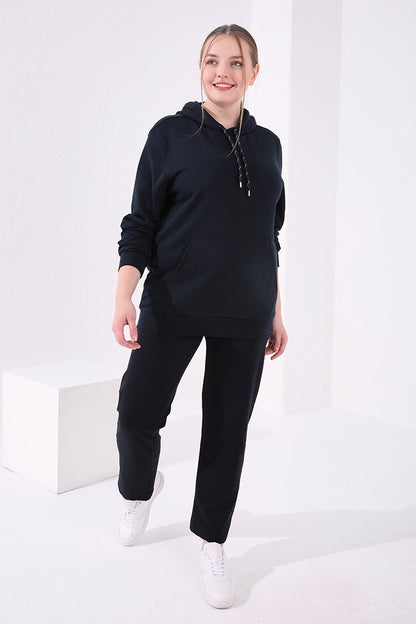 Navy Blue Cuffed Comfort Fit Classic Hem Women's Plus Size Tracksuit Bottom - 94017