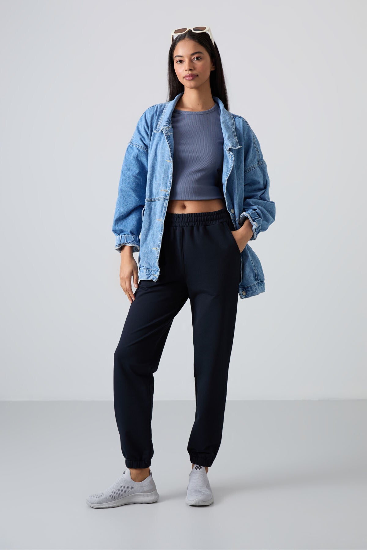 Navy Blue High Waist Comfort Fit Elastic Cuff Women's Tracksuit Bottom - 94583