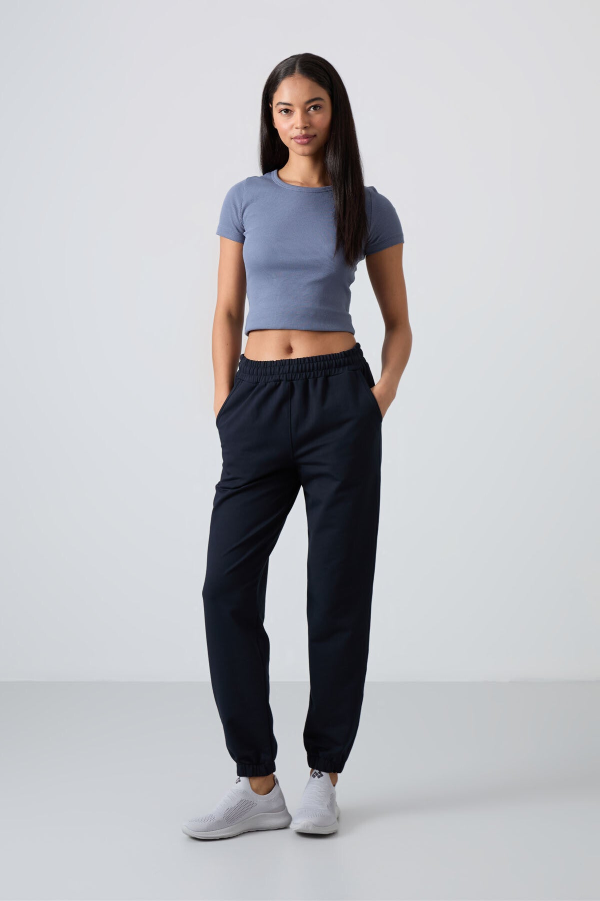Navy Blue High Waist Comfort Fit Elastic Cuff Women's Tracksuit Bottom - 94583