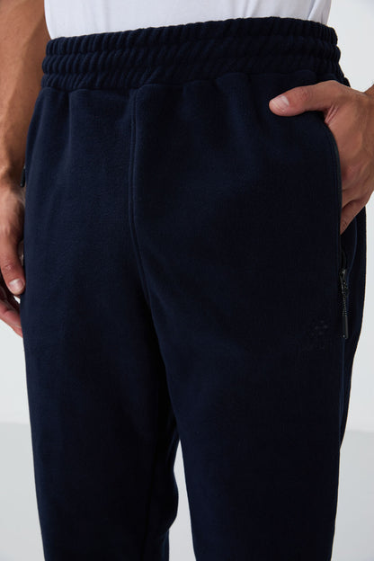 Navy Blue High Collar Basic Zippered Pocket Standard Fit Men's Fleece Tracksuit Set - 85193