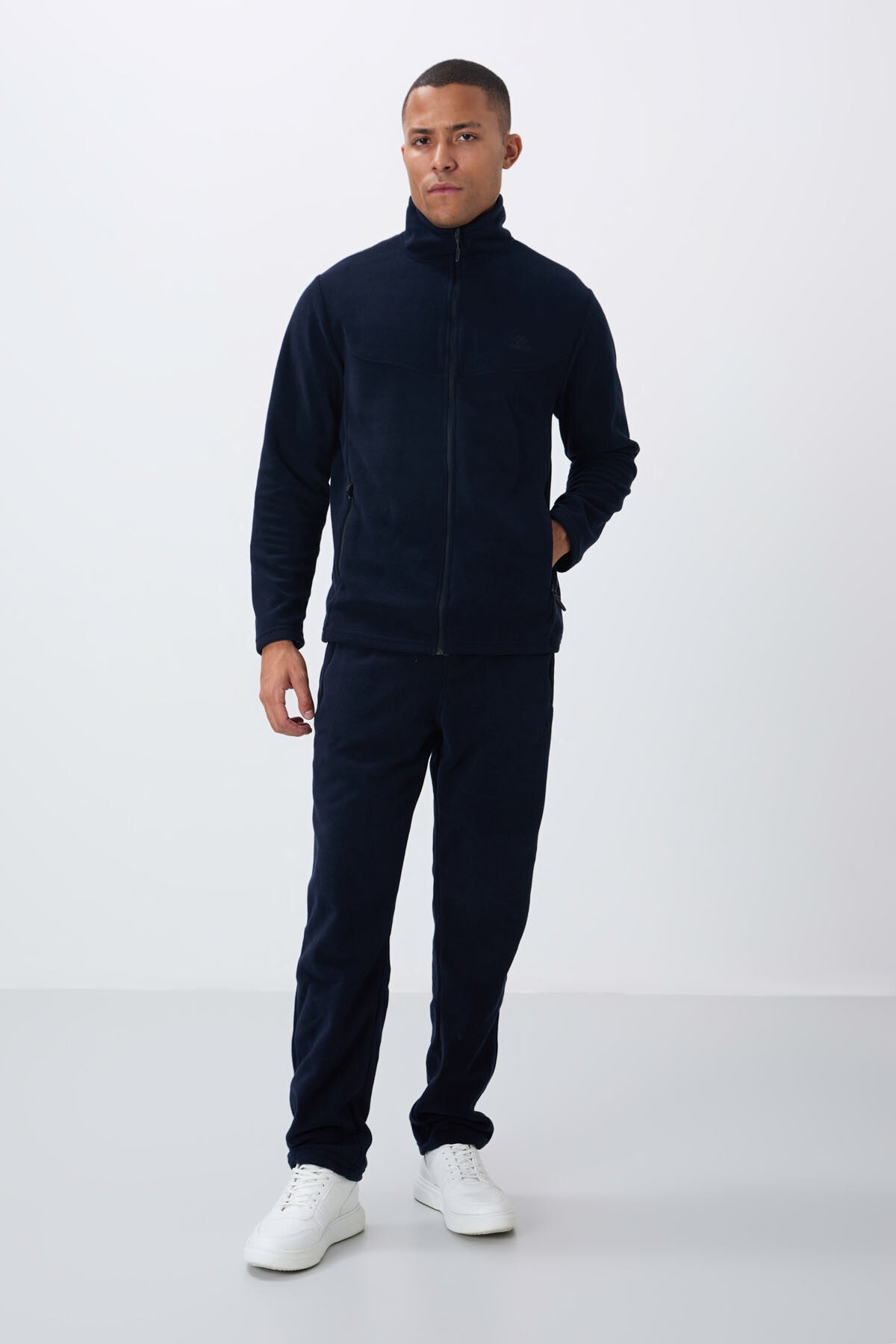 Navy Blue High Collar Basic Zippered Pocket Standard Fit Men's Fleece Tracksuit Set - 85193