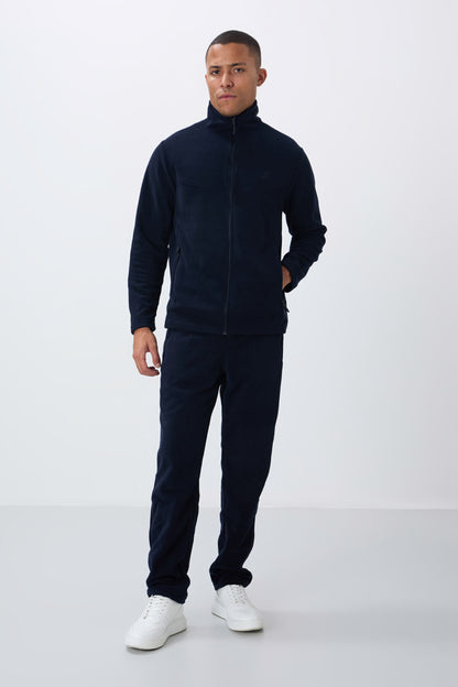 Navy Blue High Collar Basic Zippered Pocket Standard Fit Men's Fleece Tracksuit Set - 85193