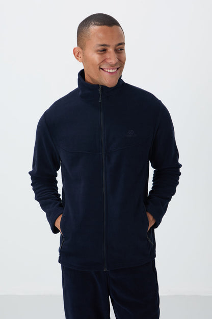 Navy Blue High Collar Basic Zippered Pocket Standard Fit Men's Fleece Tracksuit Set - 85193
