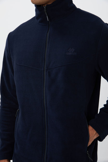 Navy Blue High Collar Basic Zippered Pocket Standard Fit Men's Fleece Tracksuit Set - 85193