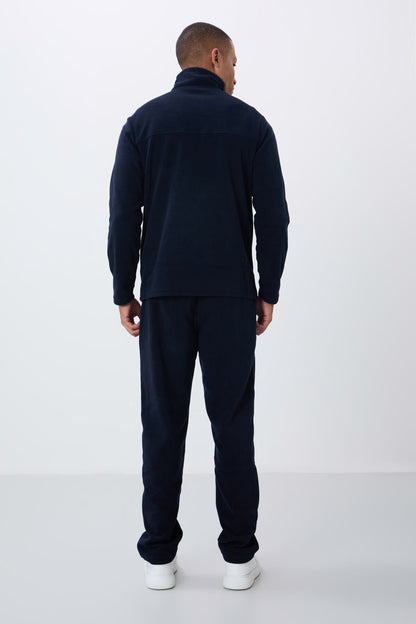 Navy Blue High Collar Basic Zippered Pocket Standard Fit Men's Fleece Tracksuit Set - 85193