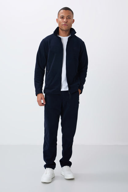 Navy Blue High Collar Basic Zippered Pocket Standard Fit Men's Fleece Tracksuit Set - 85193