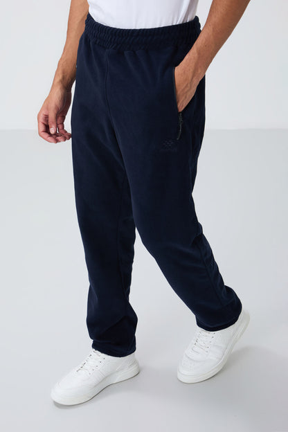 Navy Blue High Collar Basic Zippered Pocket Standard Fit Men's Fleece Tracksuit Set - 85193