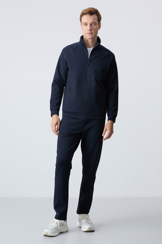 Navy Blue  High Collar Two-Tone Comfort Fit Classic Hem Men's Tracksuit Set - 85113