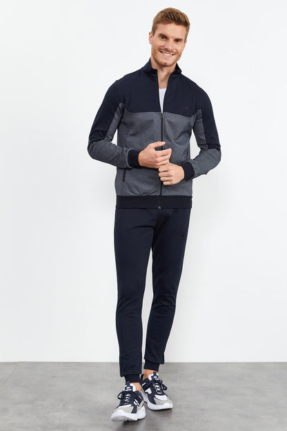 Navy Blue High Collar Two-Tone Standard Fit Cuff Men's Tracksuit Set - 85142