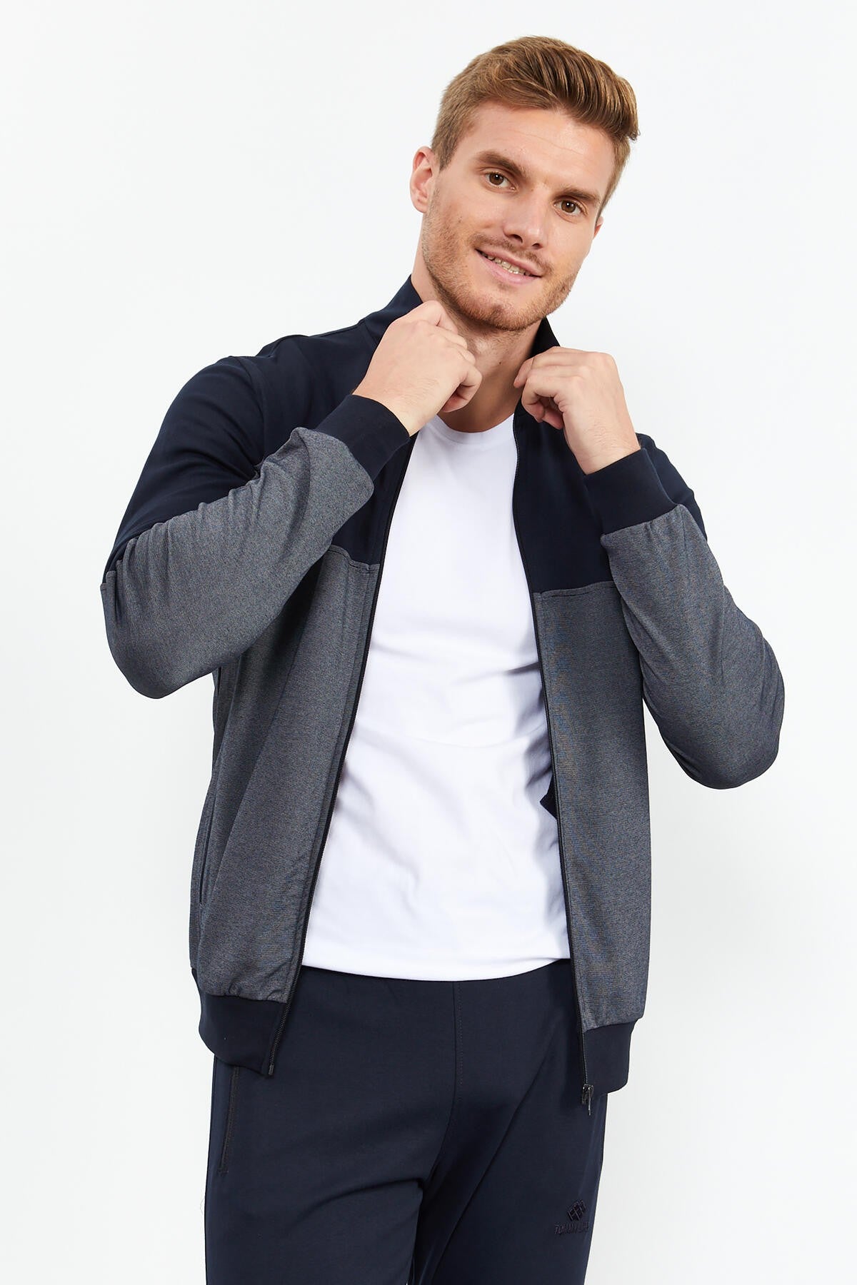 Navy Blue High Collar Two-Tone Standard Fit Cuff Men's Tracksuit Set - 85142