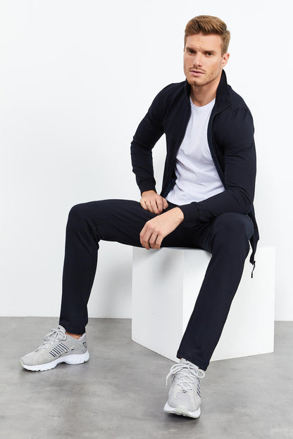 Navy Blue High Neck Zippered Standard Fit Classic Hem Men's Tracksuit Set - 85152