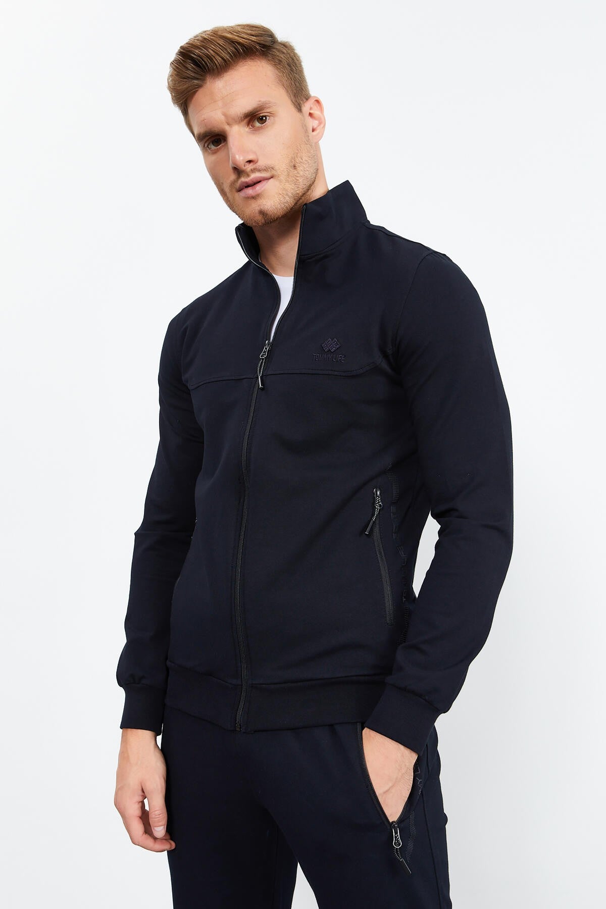 Navy Blue High Neck Zippered Standard Fit Classic Hem Men's Tracksuit Set - 85152