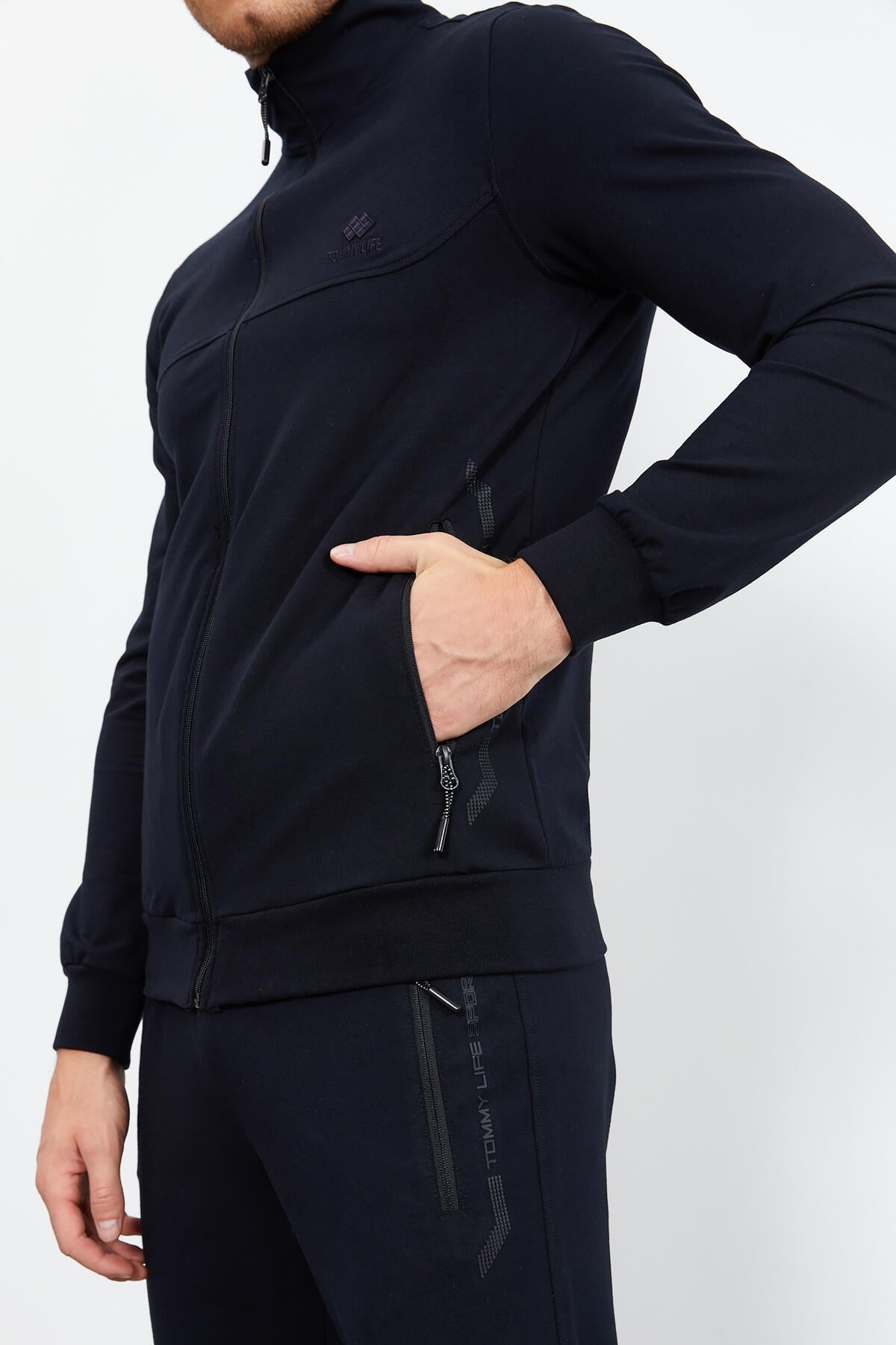 Navy Blue High Neck Zippered Standard Fit Classic Hem Men's Tracksuit Set - 85152