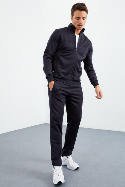 Navy Blue High Neck Zippered Standard Fit Classic Hem Men's Tracksuit Set - 85162