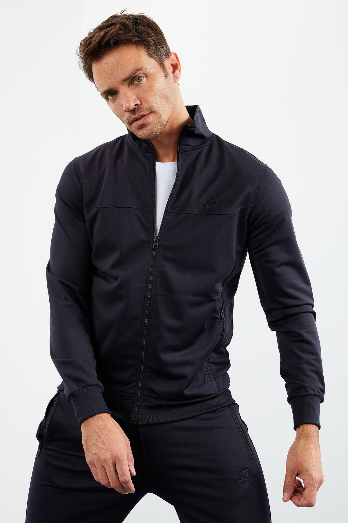 Navy Blue High Neck Zippered Standard Fit Classic Hem Men's Tracksuit Set - 85162