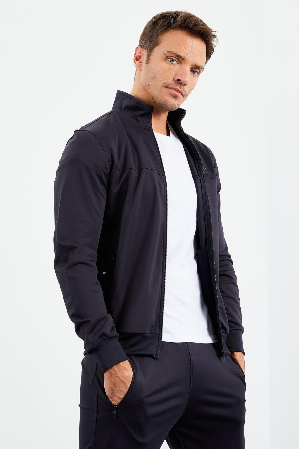 Navy Blue High Neck Zippered Standard Fit Classic Hem Men's Tracksuit Set - 85162