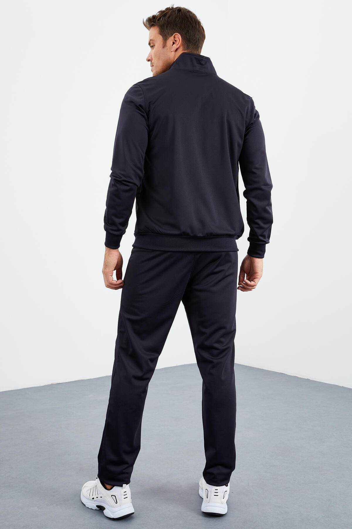 Navy Blue High Neck Zippered Standard Fit Classic Hem Men's Tracksuit Set - 85162