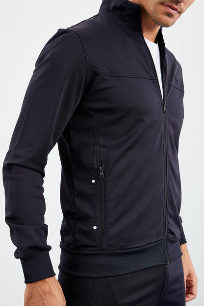 Navy Blue High Neck Zippered Standard Fit Classic Hem Men's Tracksuit Set - 85162