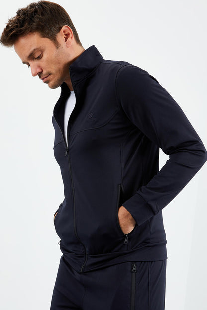 Navy Blue High Neck Zippered Standard Fit Cuffed Men's Tracksuit Set - 85160
