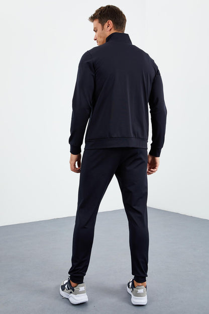 Navy Blue High Neck Zippered Standard Fit Cuffed Men's Tracksuit Set - 85160