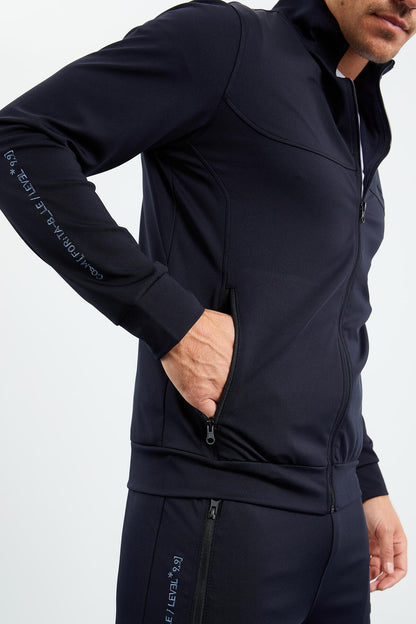 Navy Blue High Neck Zippered Standard Fit Cuffed Men's Tracksuit Set - 85160