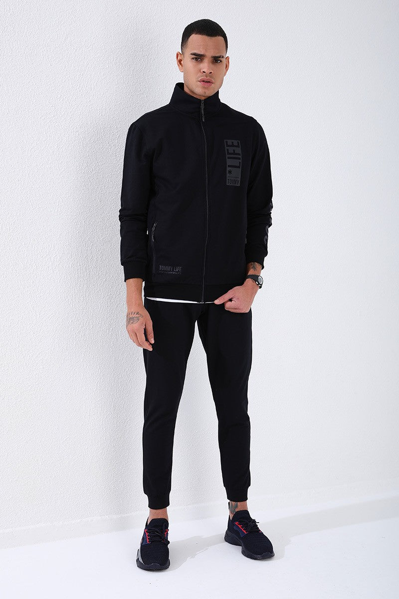 Navy Blue Straight Collar Printed Standard Fit Cuffed Men's Tracksuit Set - 85149