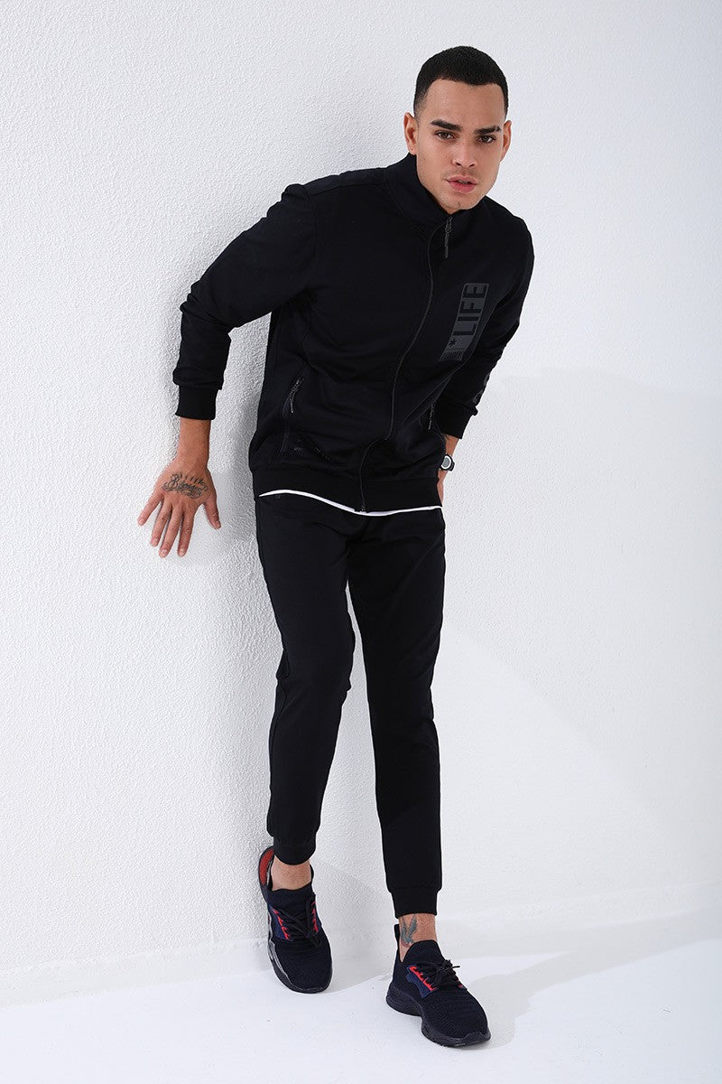 Navy Blue Straight Collar Printed Standard Fit Cuffed Men's Tracksuit Set - 85149