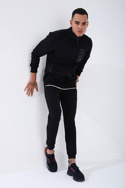 Navy Blue Straight Collar Printed Standard Fit Cuffed Men's Tracksuit Set - 85149