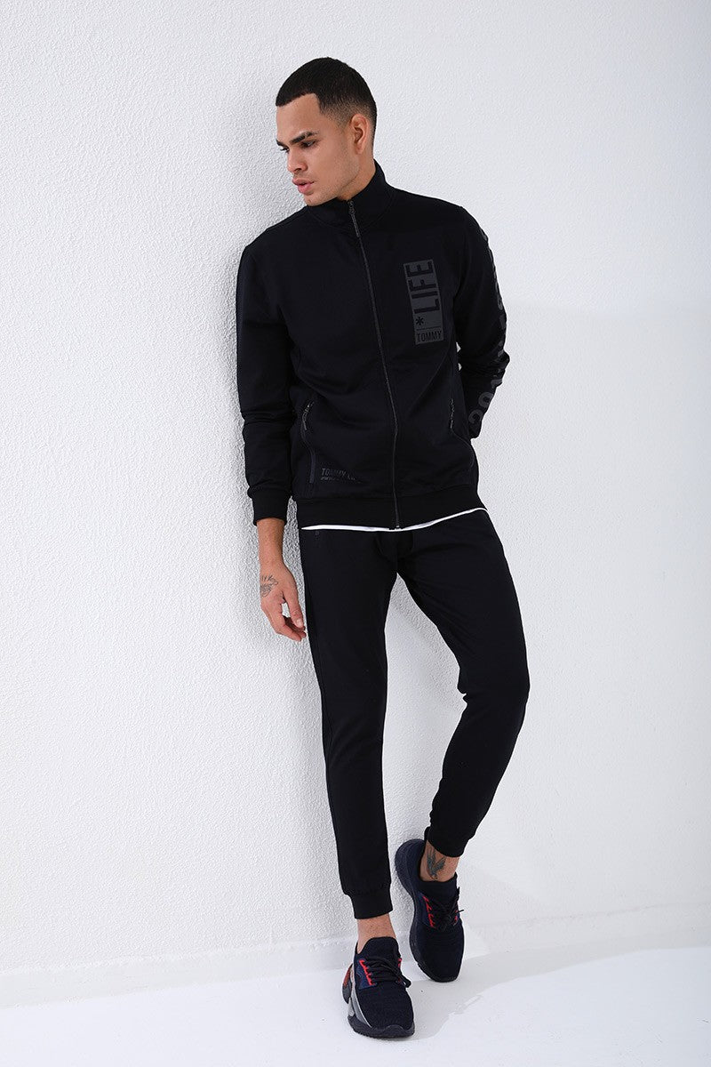 Navy Blue Straight Collar Printed Standard Fit Cuffed Men's Tracksuit Set - 85149