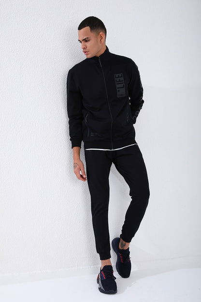 Navy Blue Straight Collar Printed Standard Fit Cuffed Men's Tracksuit Set - 85149