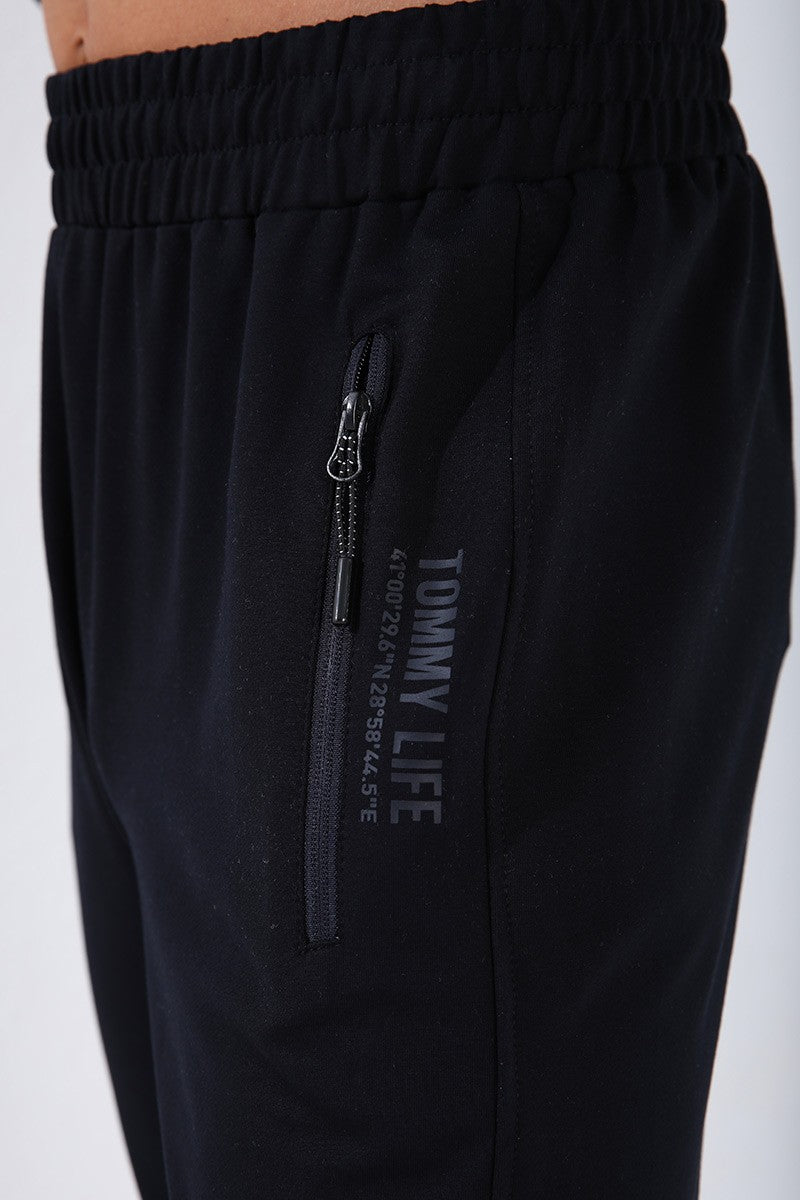 Navy Blue Straight Collar Printed Standard Fit Cuffed Men's Tracksuit Set - 85149