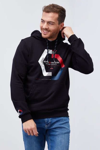 Navy Blue Geometric Print Standard Fit Men's Hooded Sweatshirt - 87870