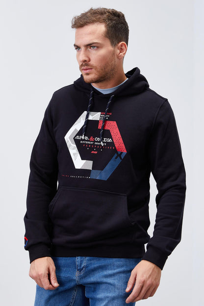 Navy Blue Geometric Print Standard Fit Men's Hooded Sweatshirt - 87870