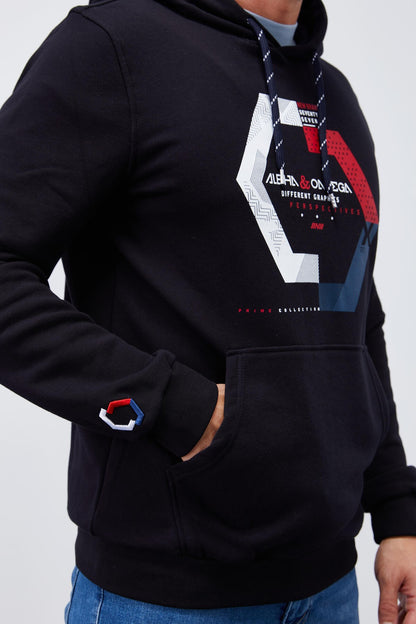 Navy Blue Geometric Print Standard Fit Men's Hooded Sweatshirt - 87870