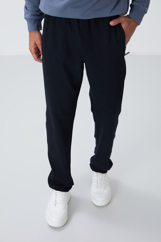 Navy Blue Zippered Hem Classic Fit Men's Tracksuit Bottom - 84669