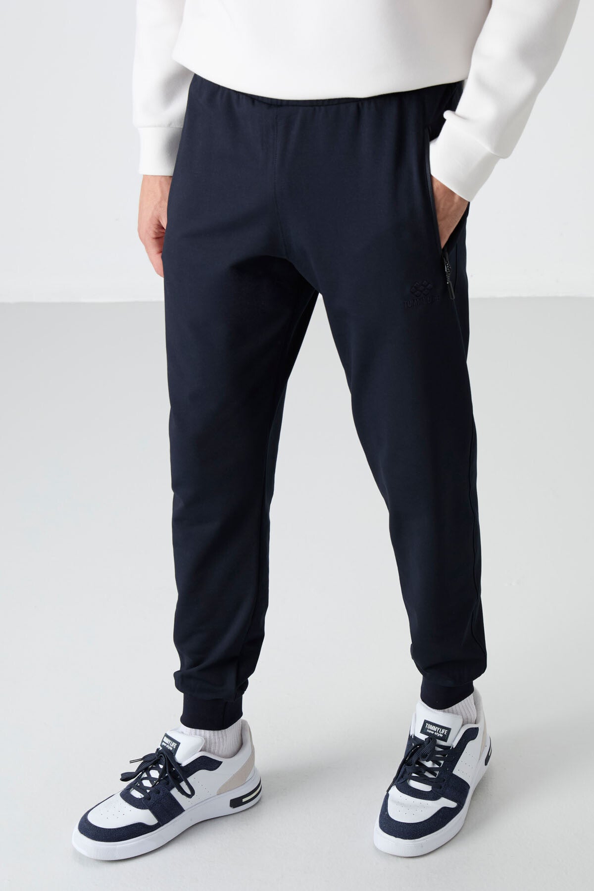 Navy Blue Zippered Standard Fit Jogger Men's Tracksuit Bottom - 84587