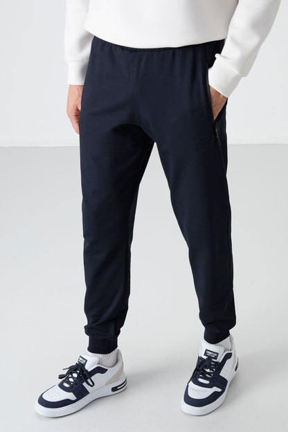 Navy Blue Zippered Standard Fit Jogger Men's Tracksuit Bottom - 84587