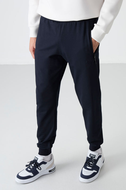 Navy Blue Zippered Standard Fit Jogger Men's Tracksuit Bottom - 84587
