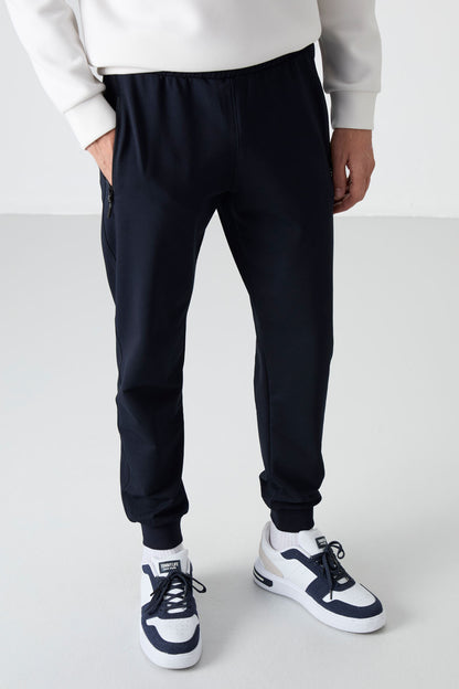 Navy Blue Zippered Standard Fit Jogger Men's Tracksuit Bottom - 84587
