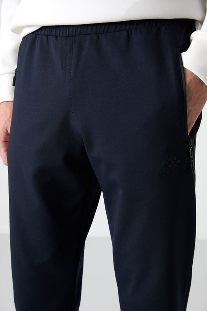 Navy Blue Zippered Standard Fit Jogger Men's Tracksuit Bottom - 84587